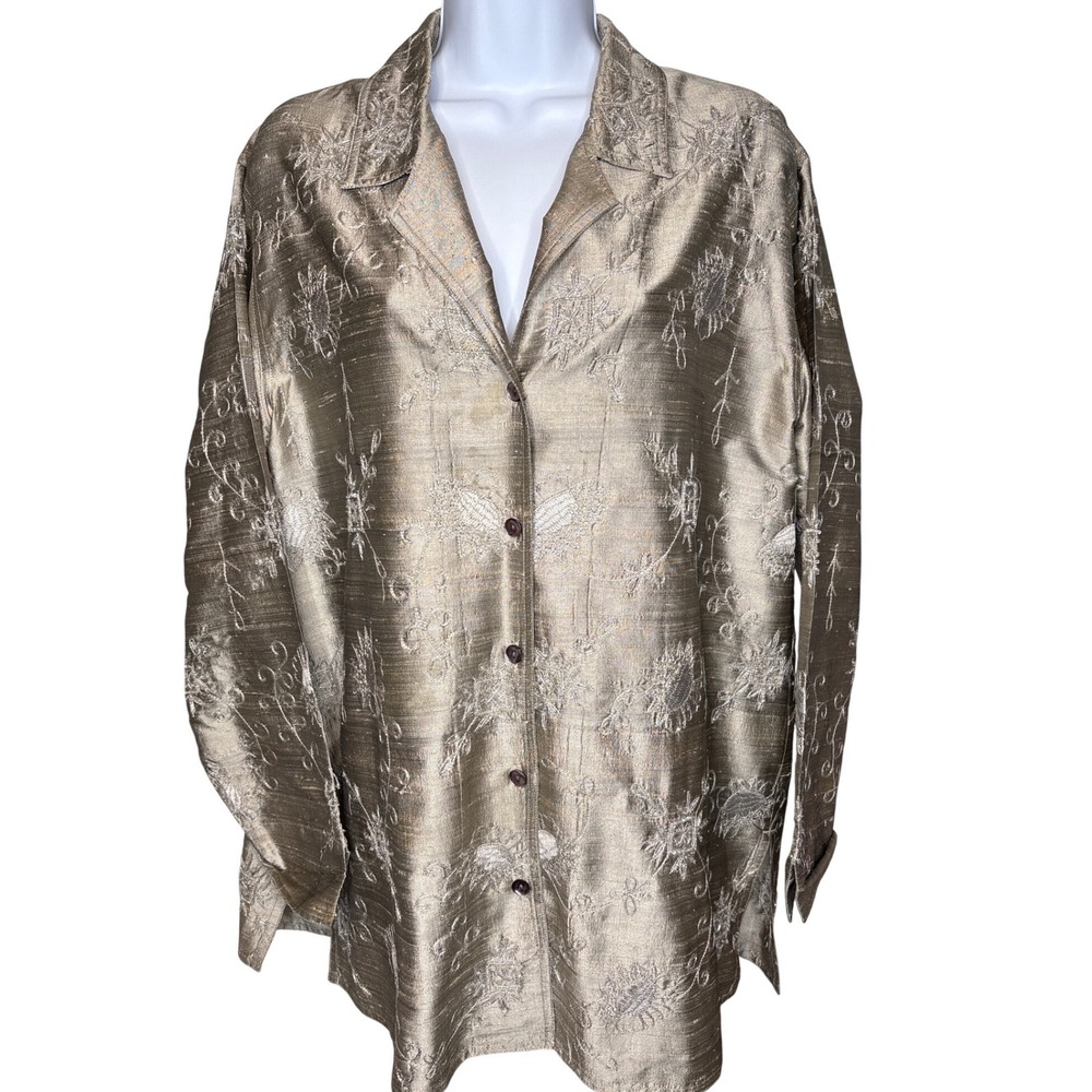 Chico's Design Gold Silk Embroidered Beaded Buttoned Blouse Sz 2/L Boho Evening